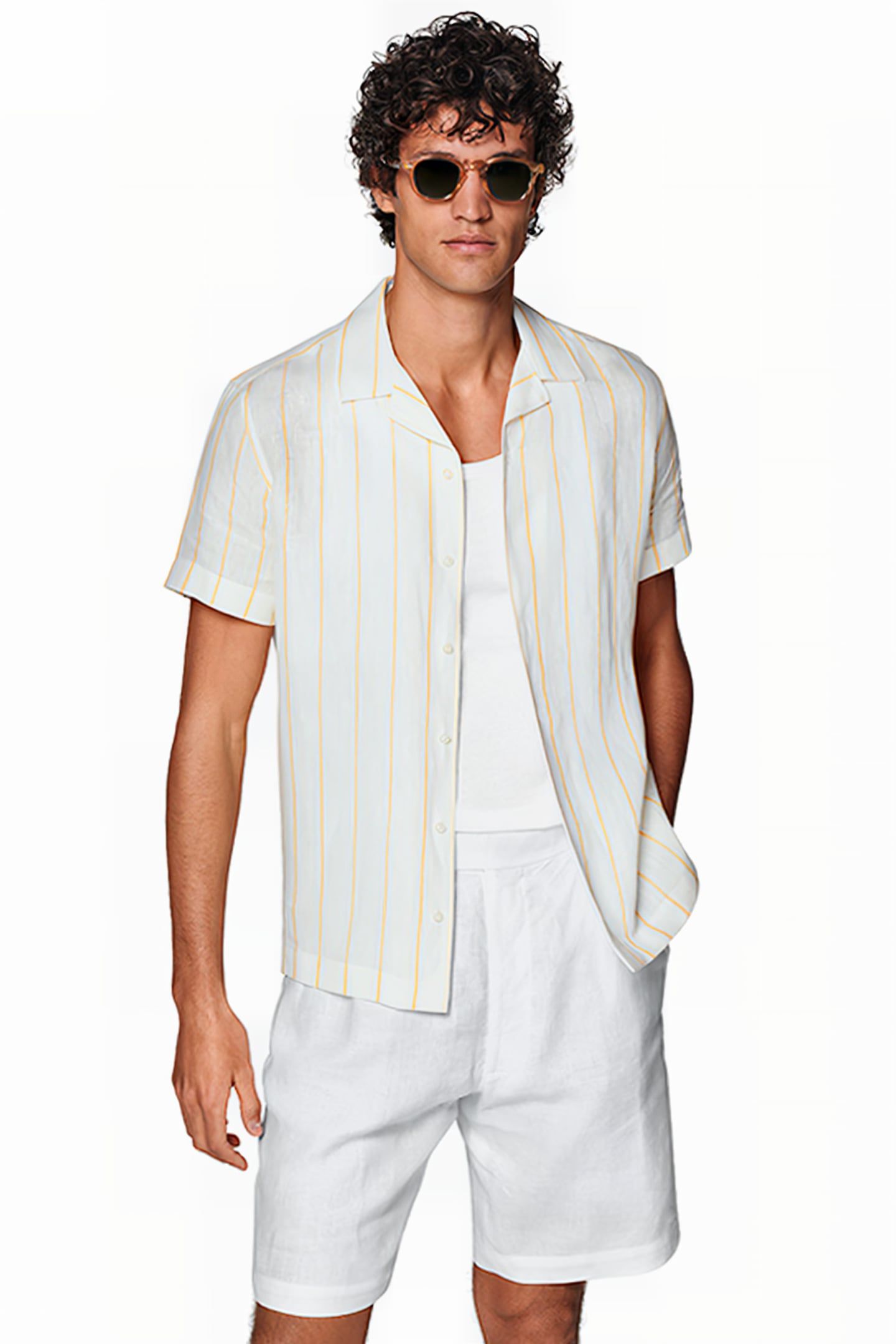 YELLOW STRIPED CAMP COLLAR SLIM FIT SHIRT 1