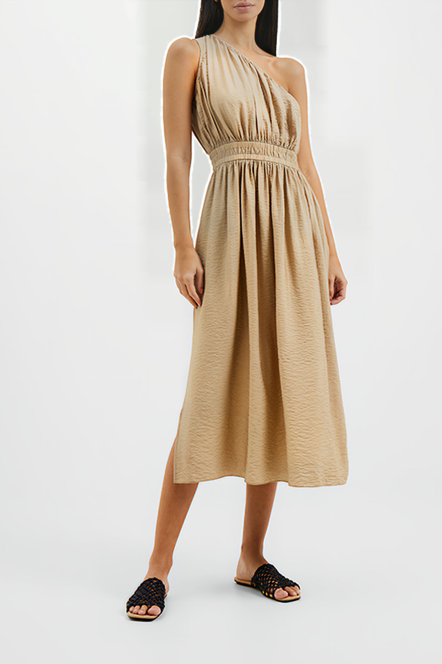 FARON MIDI ONE SHOULDER DRESS BROWN 1