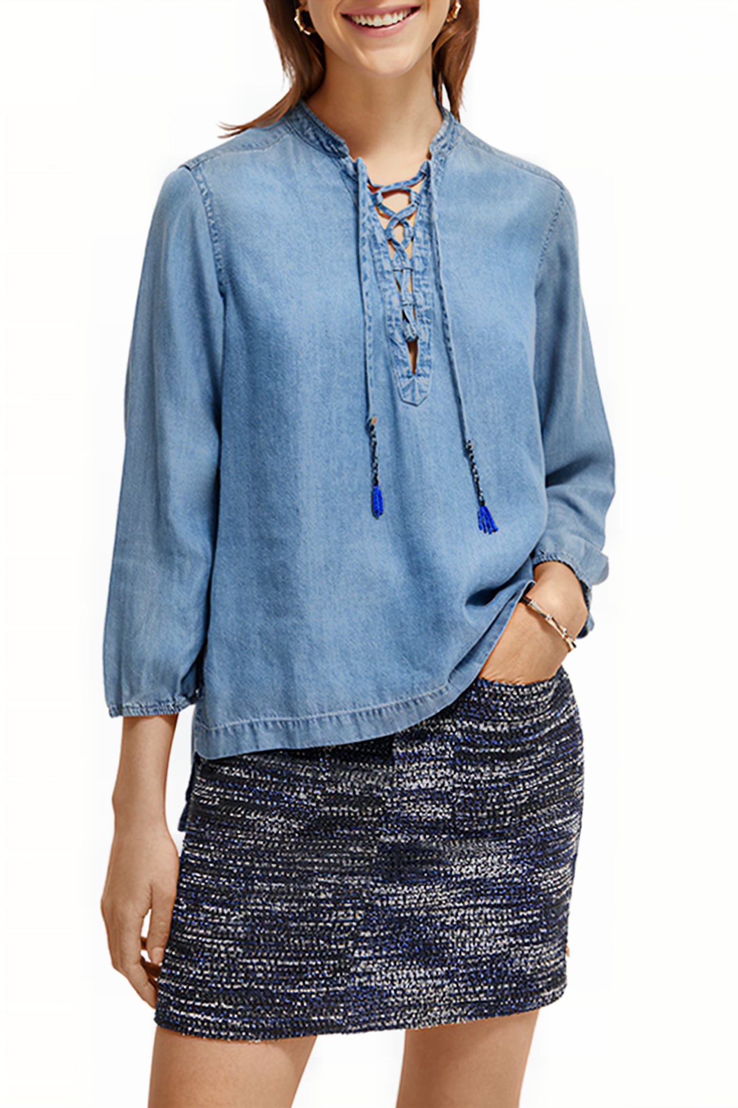 LACE UP DENIM WASHED INDIGO TENCEL SHIRT INDIGO 1