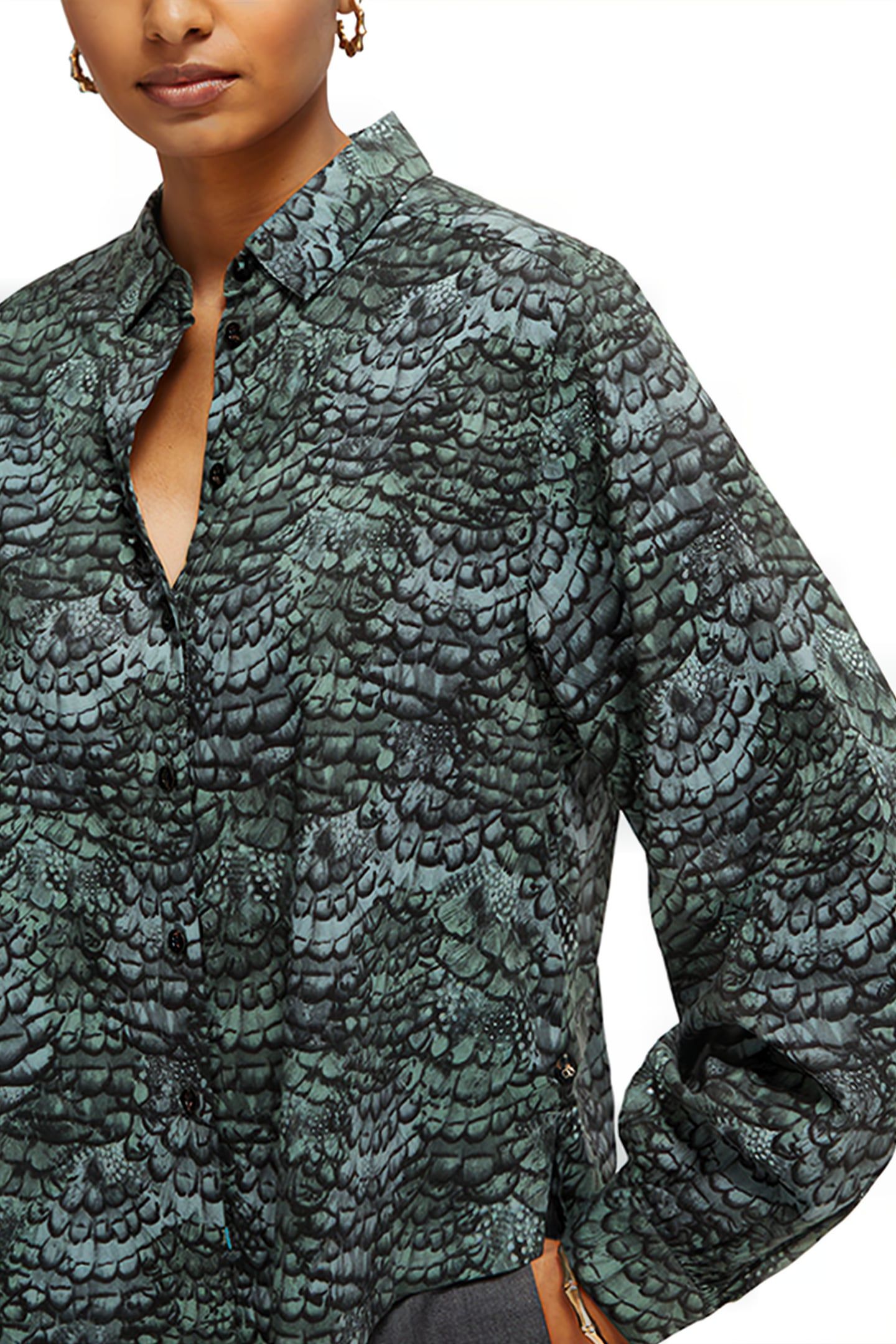 PRINTED BALLOON SLEEVE SHIRT FEATHER BOTTLE GREEN 6