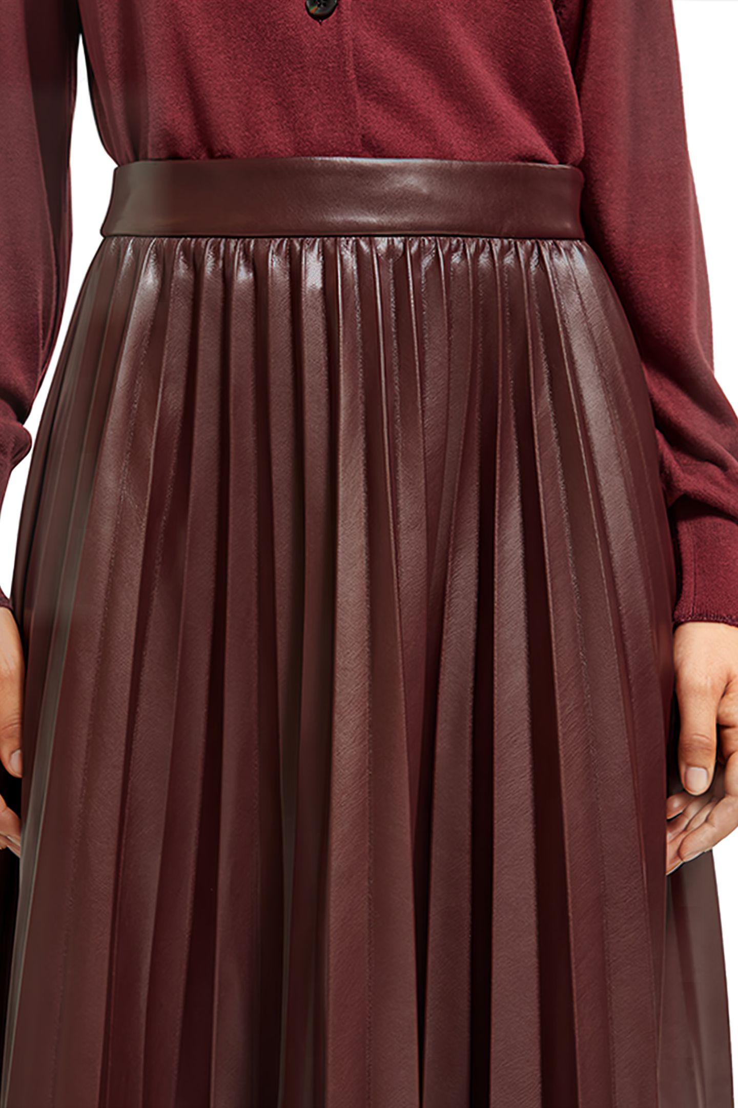 FAUX LEATHER PLEATED HIGH RISE MIDI SKIRT BORDEAUX 7