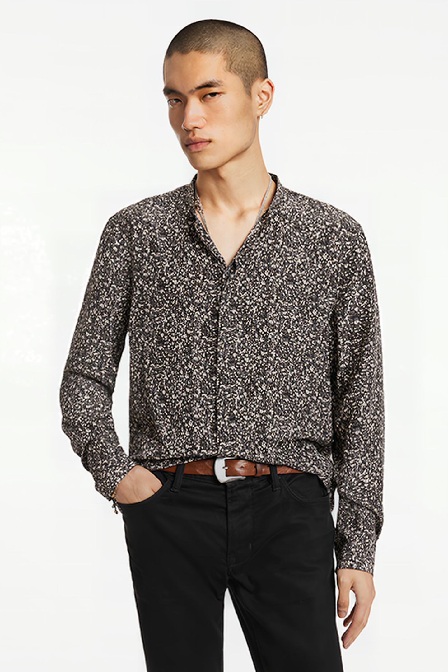 HIDDEN PLACKET BAND COLLAR EARTH BROWN 1