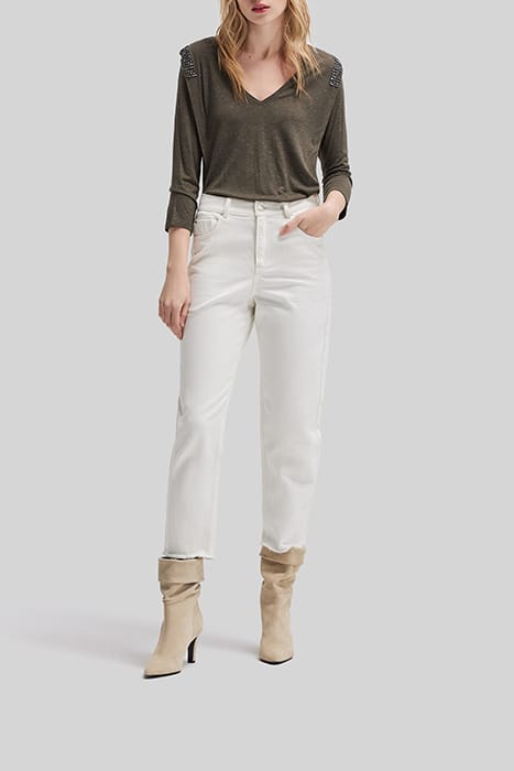 KHAKI V-NECK VISCOSE T-SHIRT WITH RHINESTONES 3