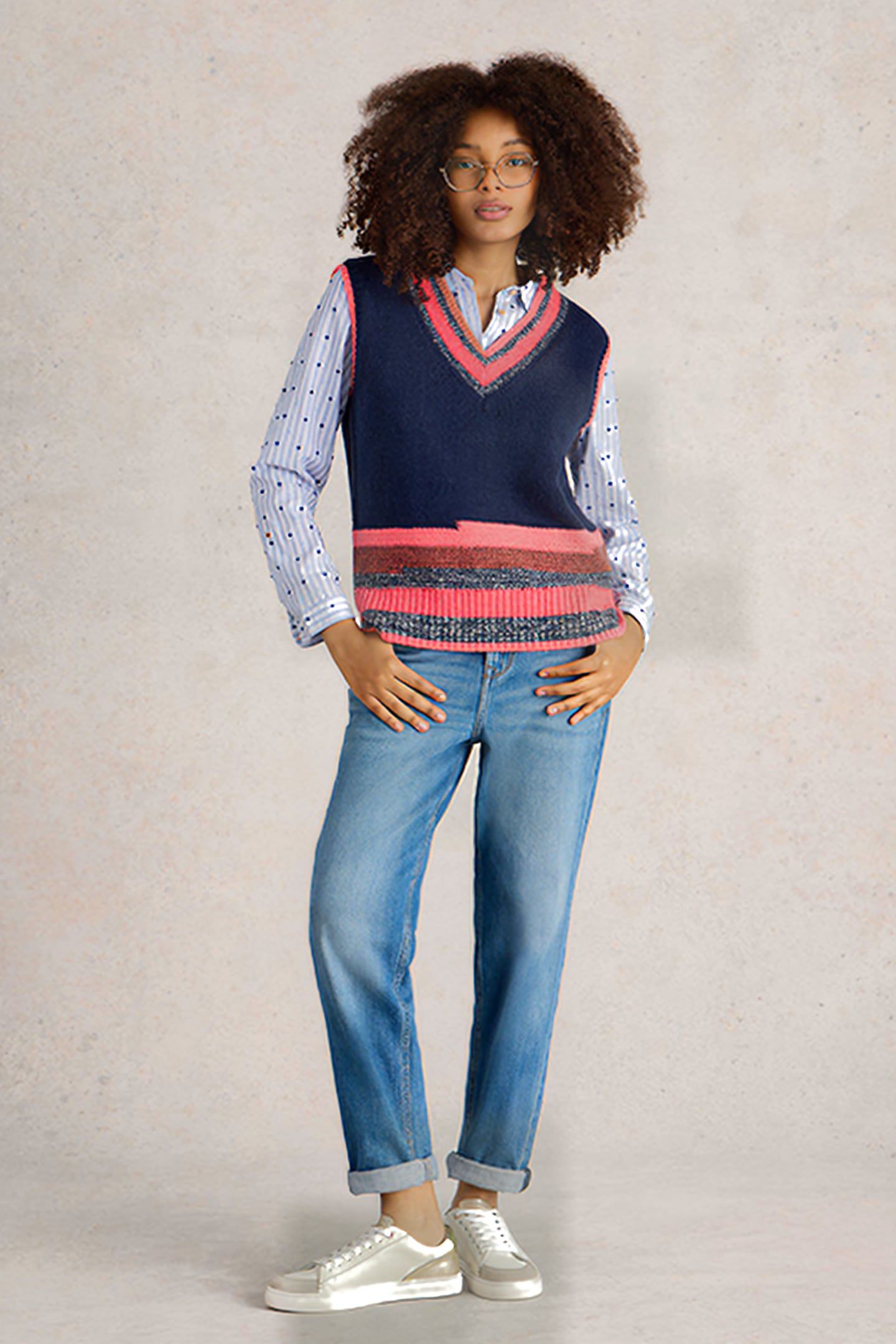 V NECK STRIPE TANK NAVY MULTI 1