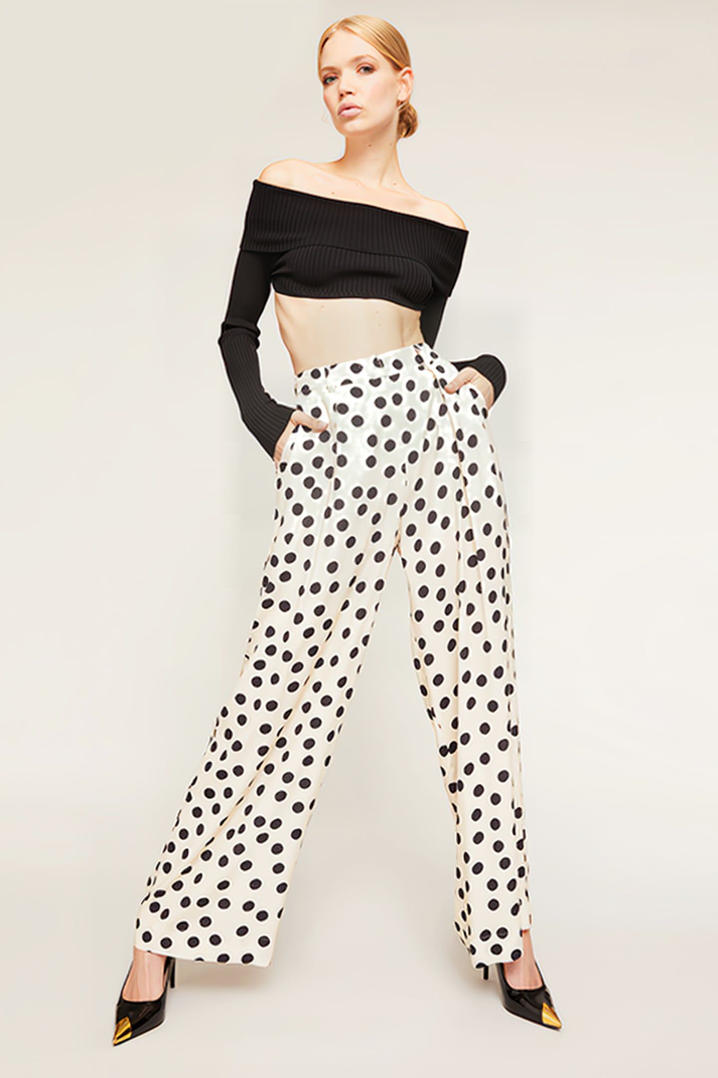 WIDE POLKA DOT SATIN TROUSERS NATURAL 3