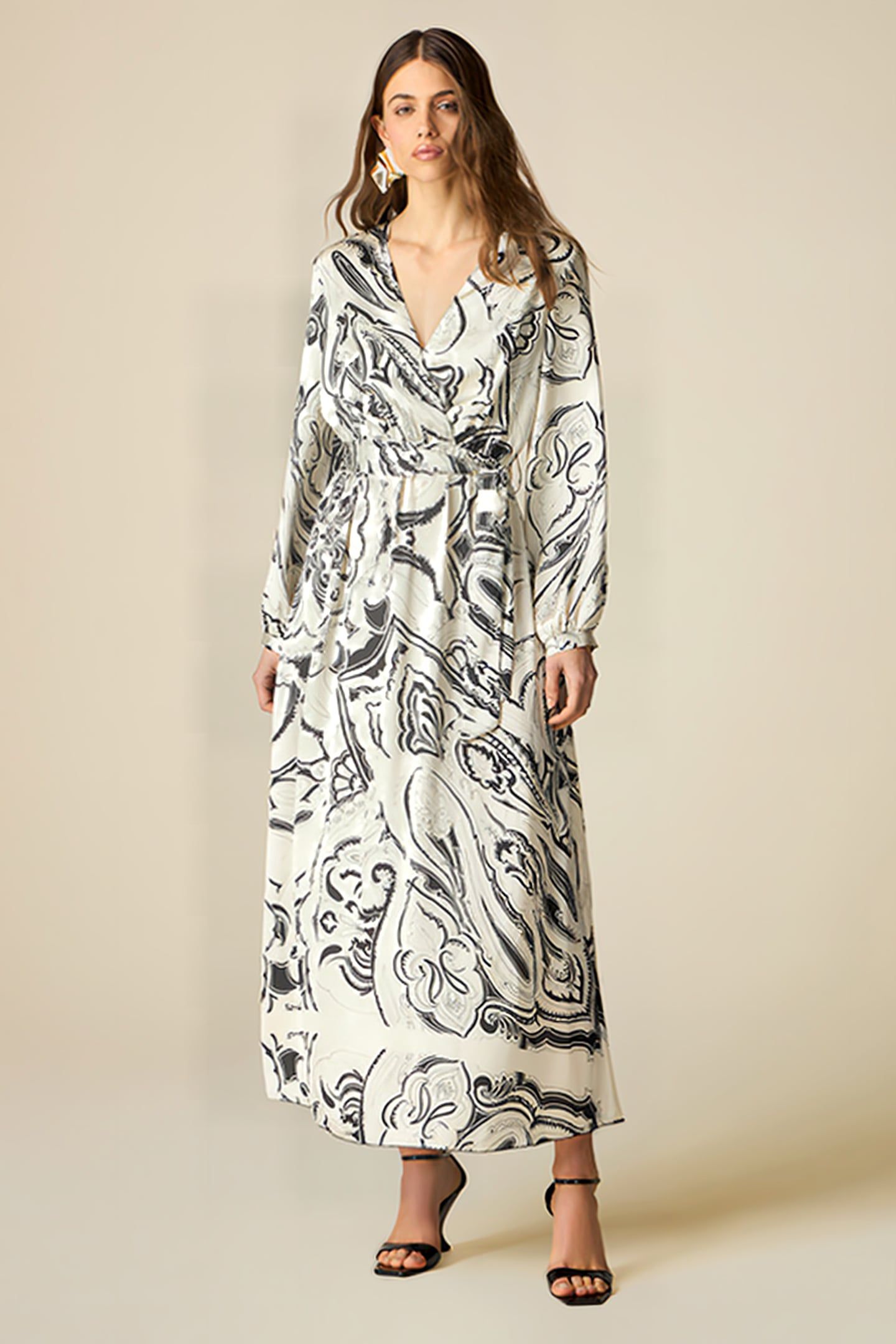 LONG PATTERNED SATIN DRESS WHITE 1