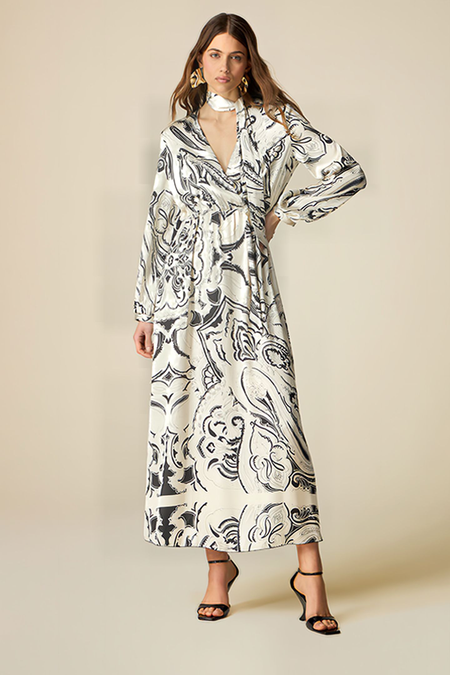 LONG PATTERNED SATIN DRESS WHITE 4