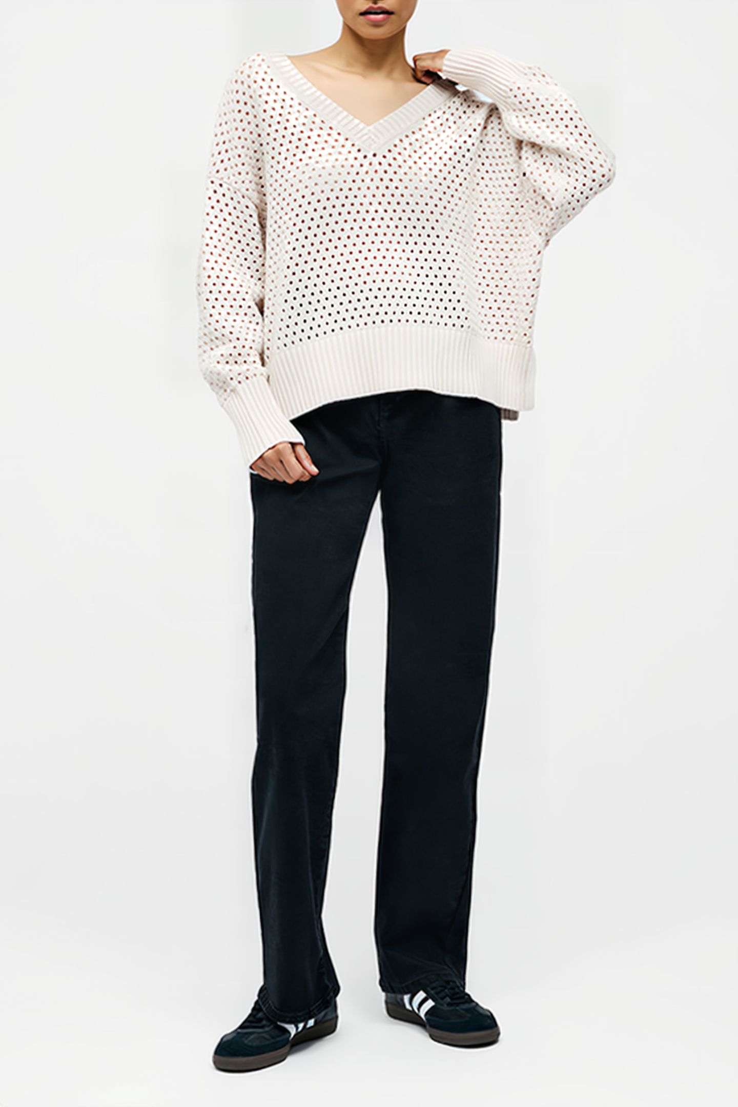 CROCHET KNIT V NECK SWEATER OATMEAL 3