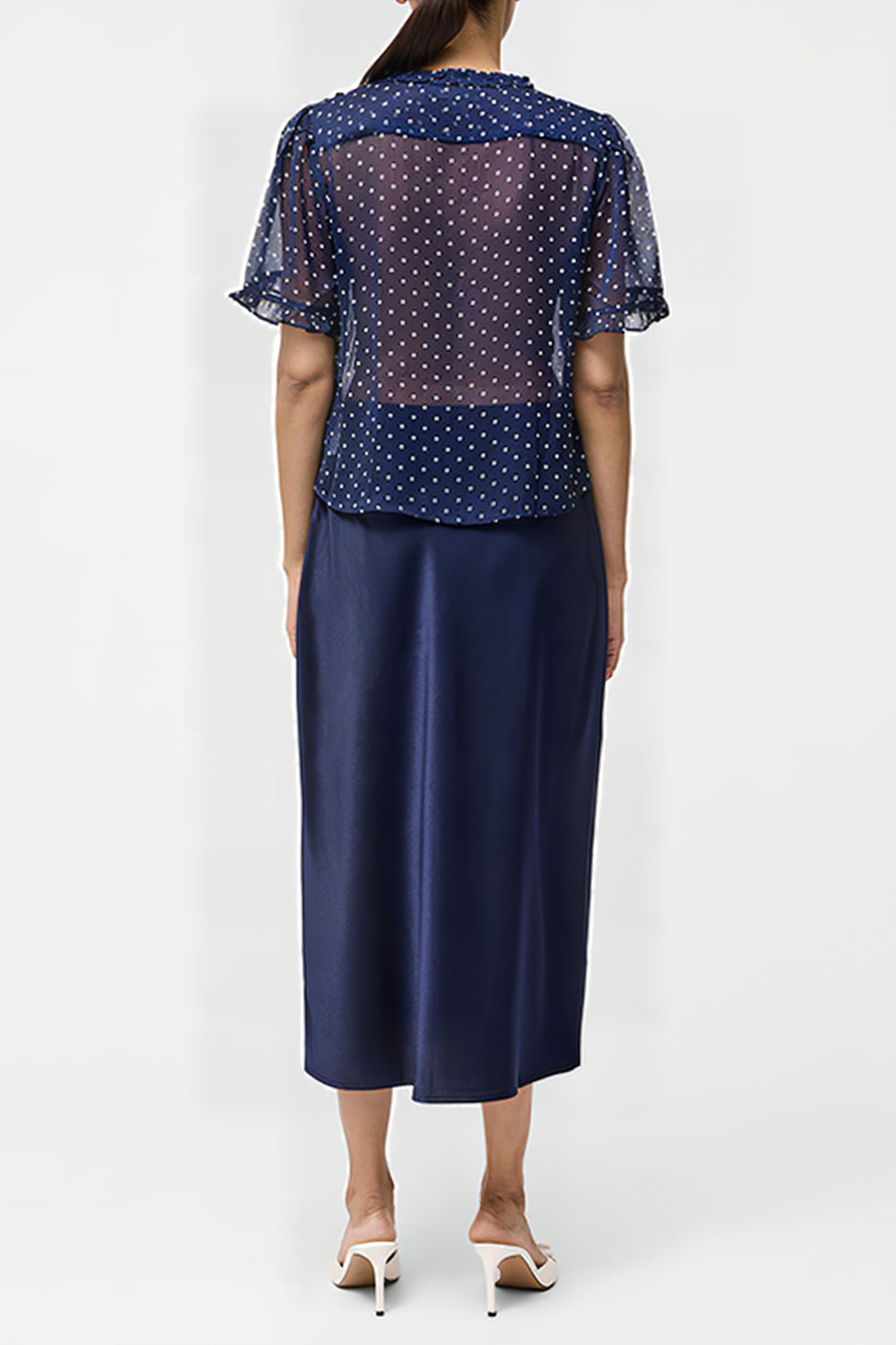 POLKA DOT SHORT SLEEVE RUFFLE TOP MIDNIGHT/SUMMER WHT 3