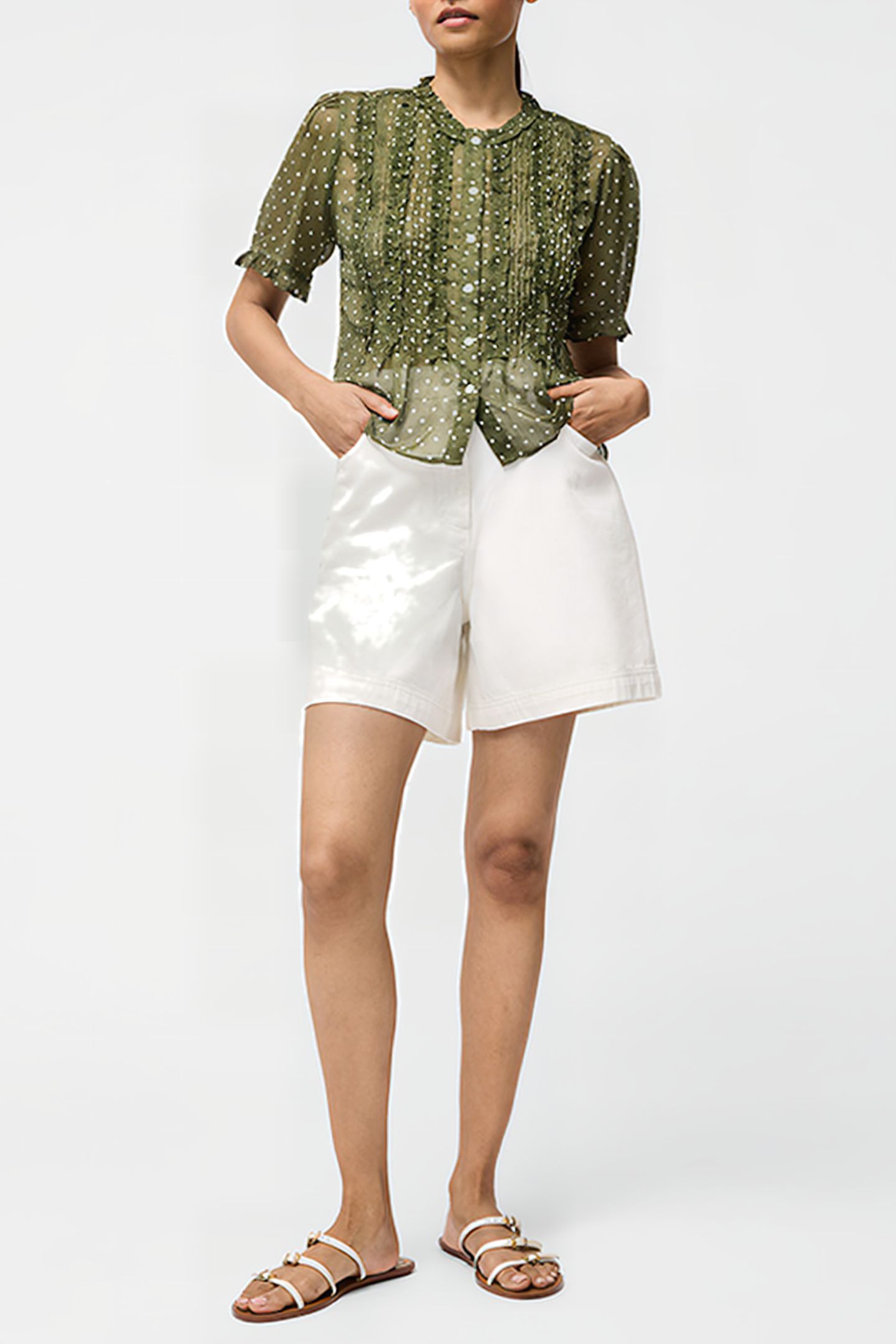 POLKA DOT SHORT SLEEVE RUFFLE TOP SZ18 KHAKI/SUMMER 2