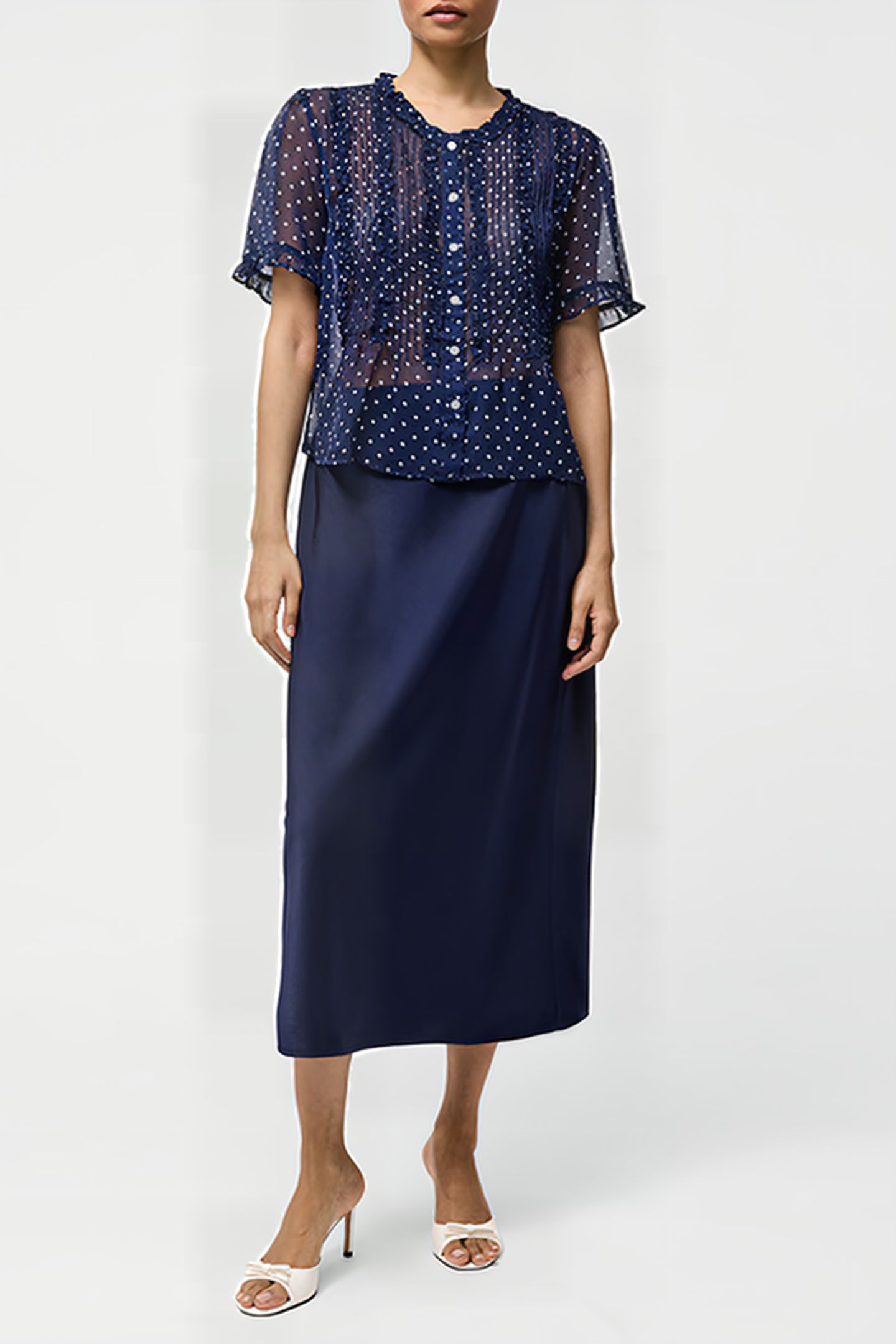 POLKA DOT SHORT SLEEVE RUFFLE TOP SZ18 MIDNIGHT/SUMMER 1