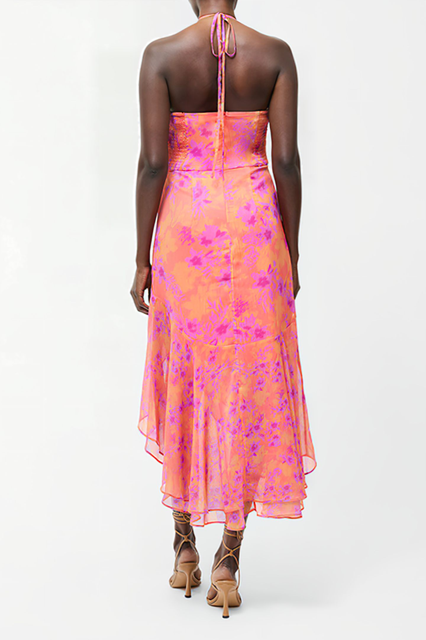 ARLA RUFFLE HALTERNECK DRESS CORAL MULTI 2