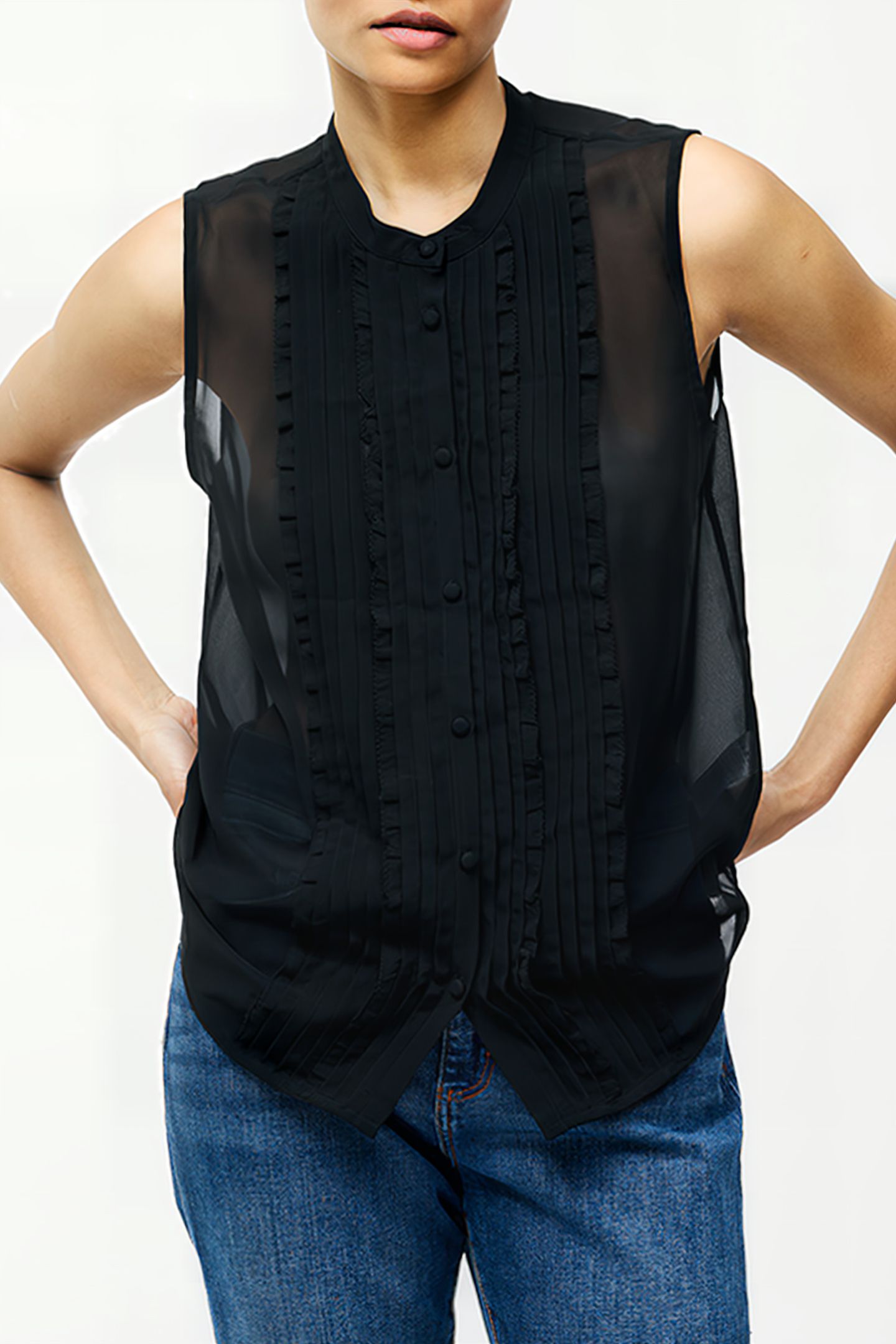 FRILL SLEEVELESS HENLEY BUTTON DOWN TANK TOP BLACK 1