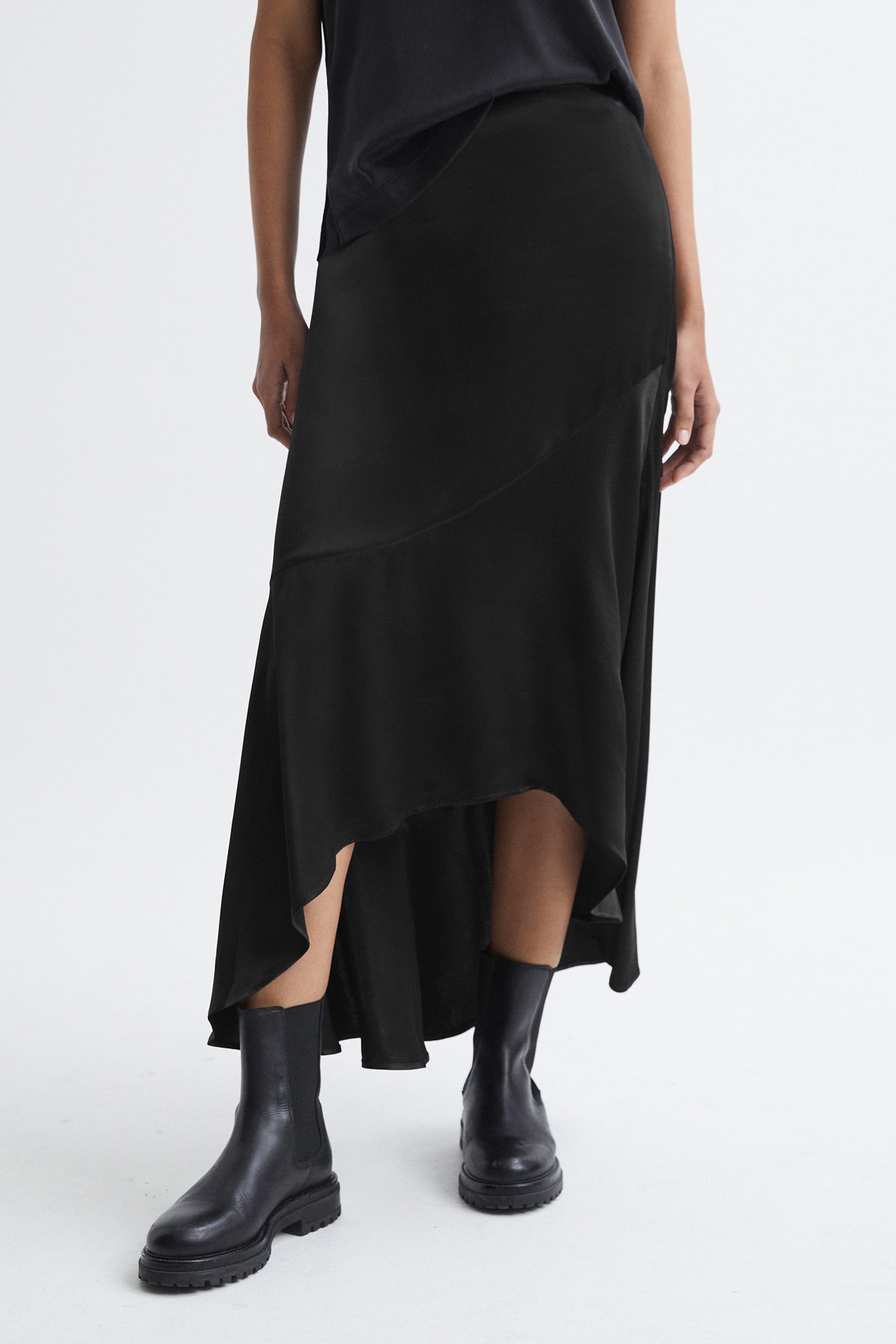 ASYMMETRIC MIDI SKIRT — BLACK 1