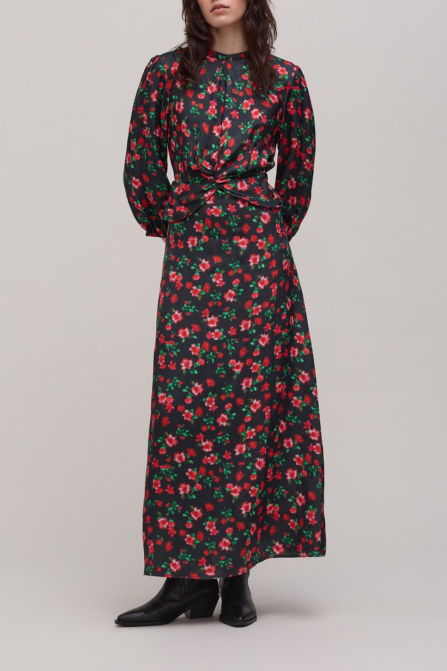 FLOWER PIXEL PRINT BLACK MAXI DRESS 1
