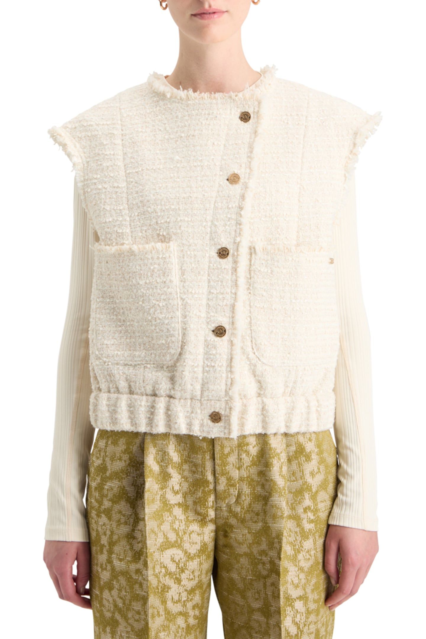 BOUCLE TWEED COLLARLESS GILET SOFT ICE MELANGE 1