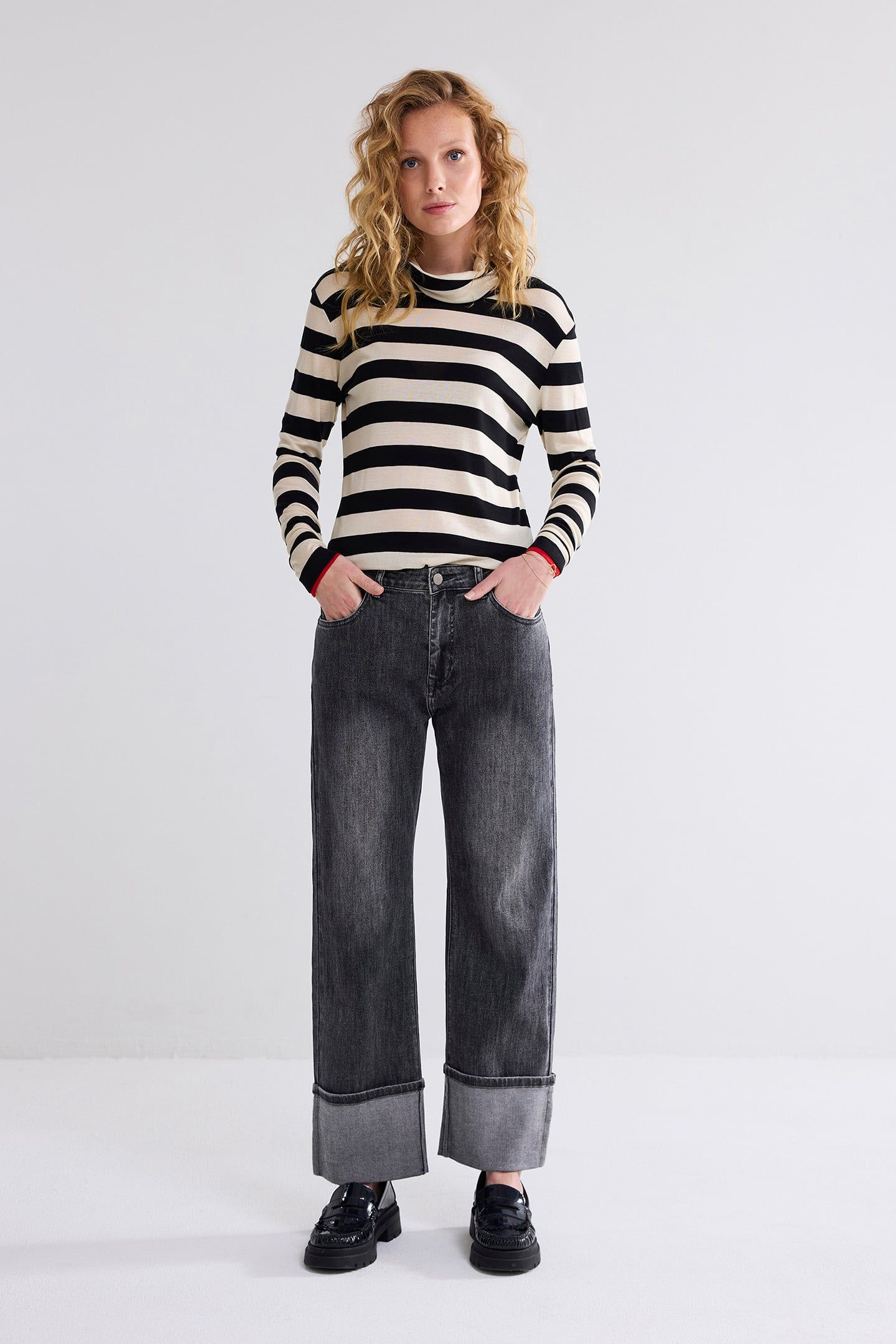 TURTLE NECK TOP SHEER JERSEY STRIPE BLACK IVORY 3