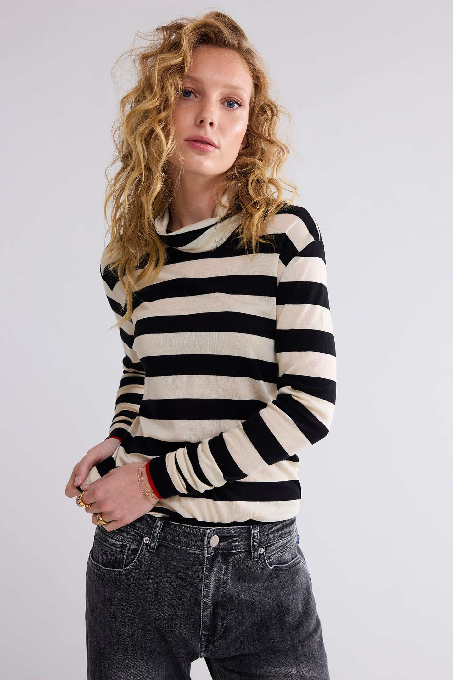 TURTLE NECK TOP SHEER JERSEY STRIPE BLACK IVORY 1