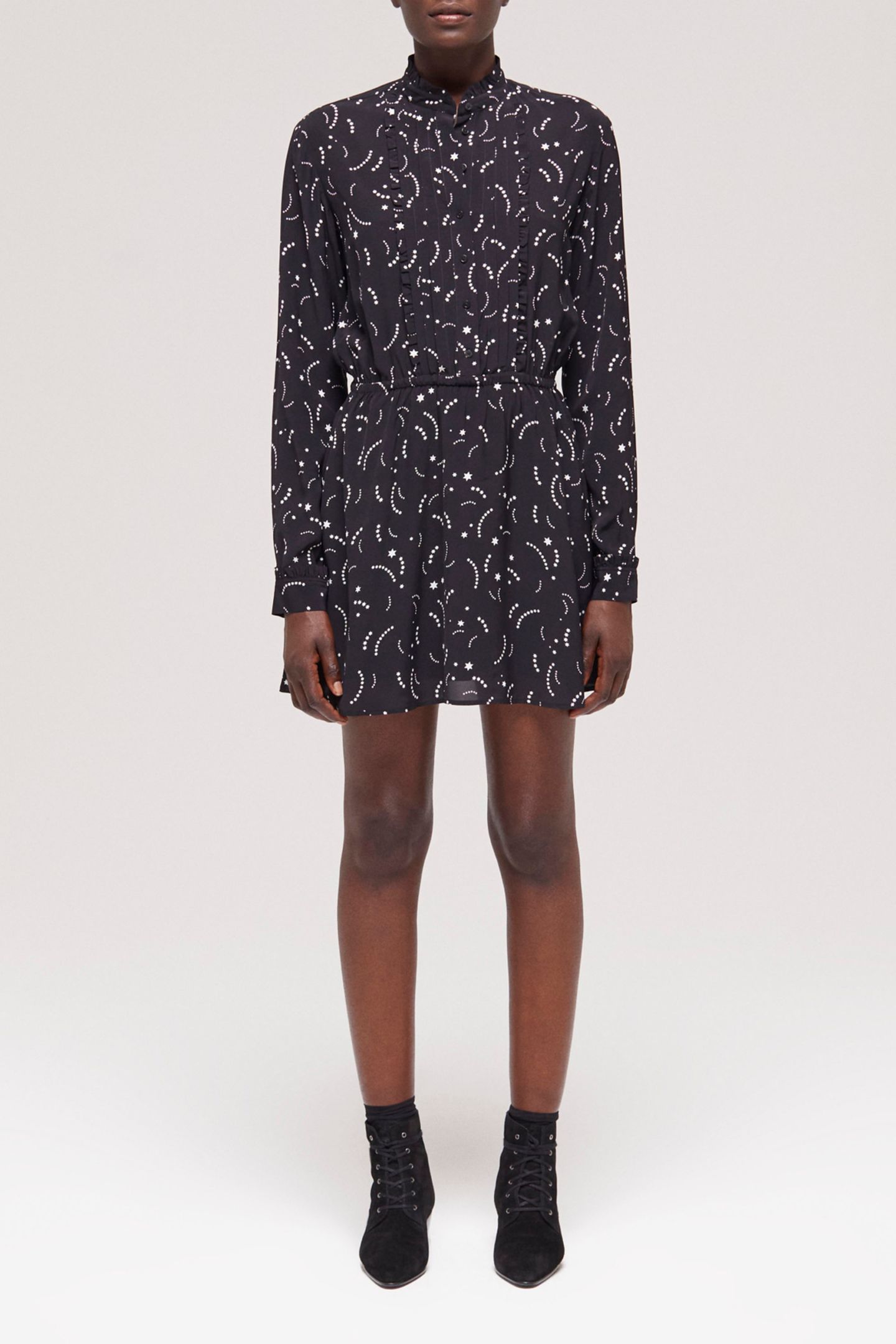 COMET PRINT LONG-SLEEVED SHORT DRESS BLACK WHITE 1