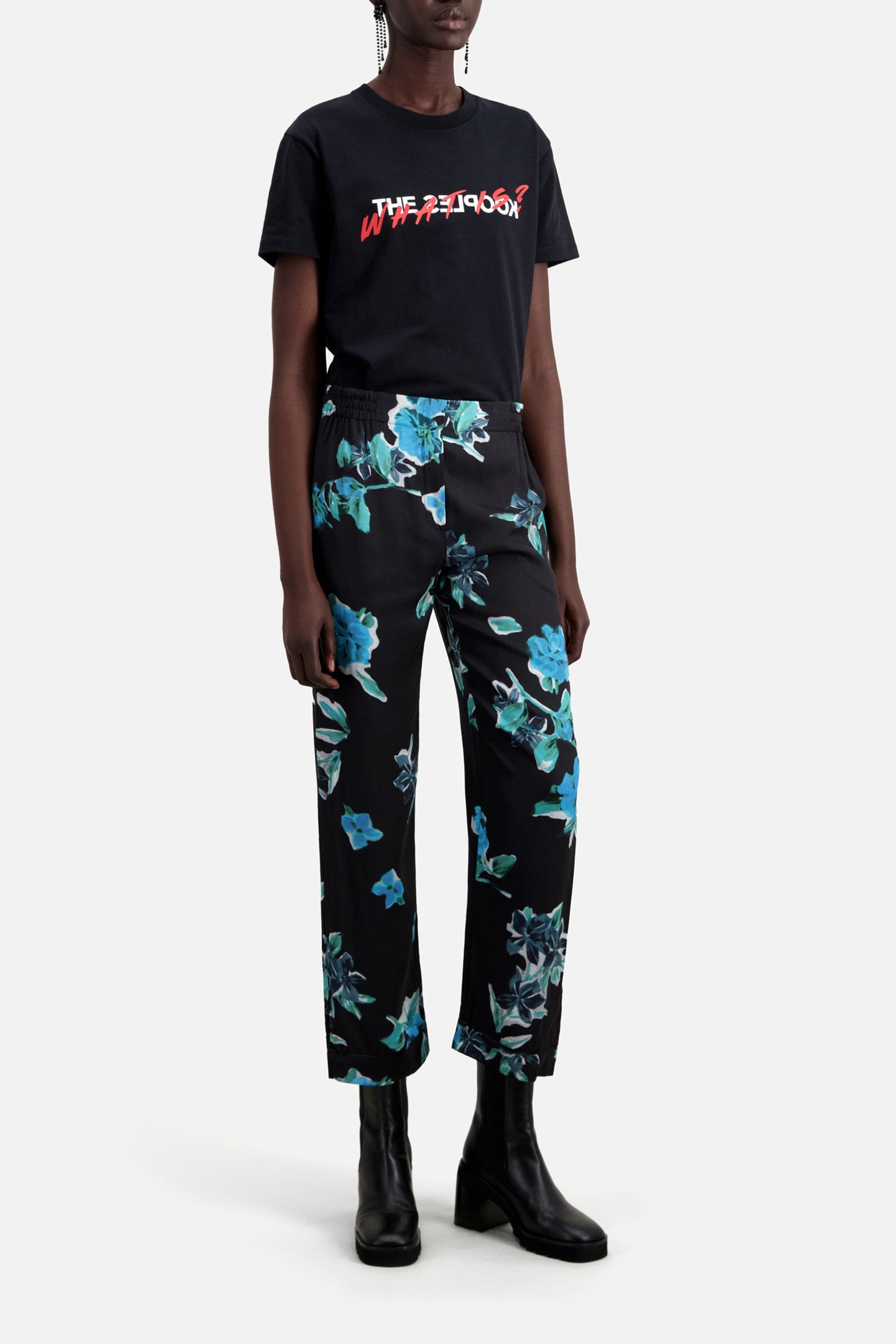 ELASTIC WAIST PAJAMA-STYLE PANTS BLACK BLUE 5