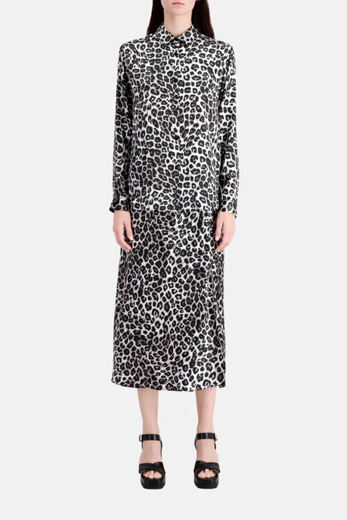 LONG SLEEVE SATIN SHIRT BLACK WHITE LEOPARD 1