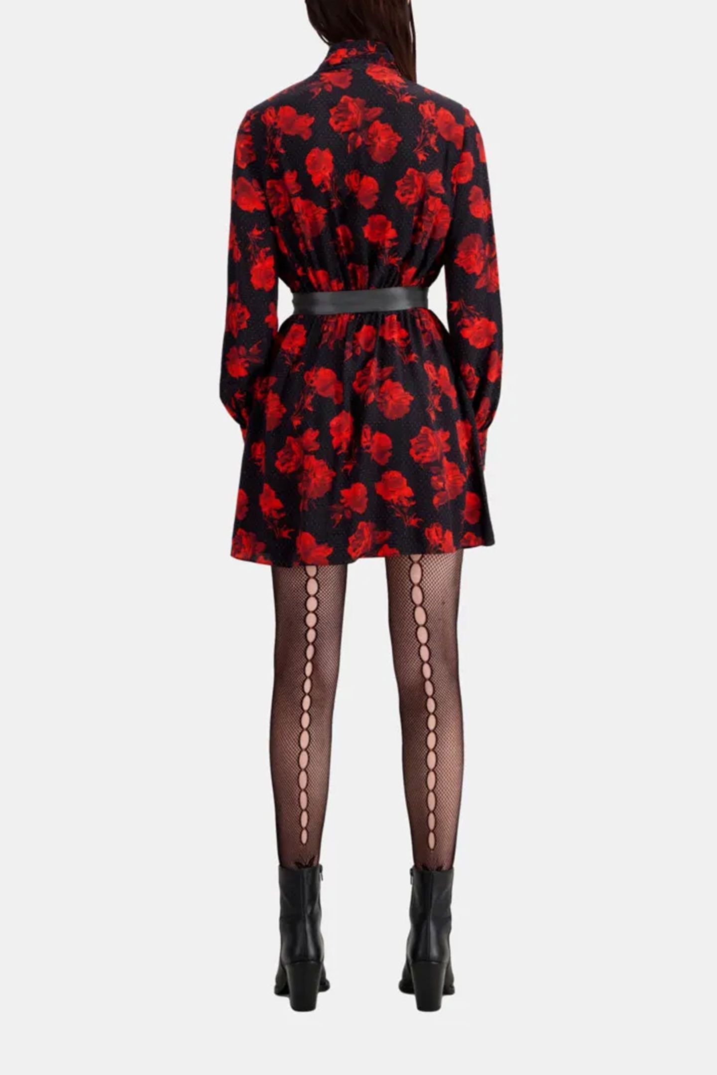 SHORT DRESS WITH BUTTONED PLEATED HIGH NECK BLACK-RED 2