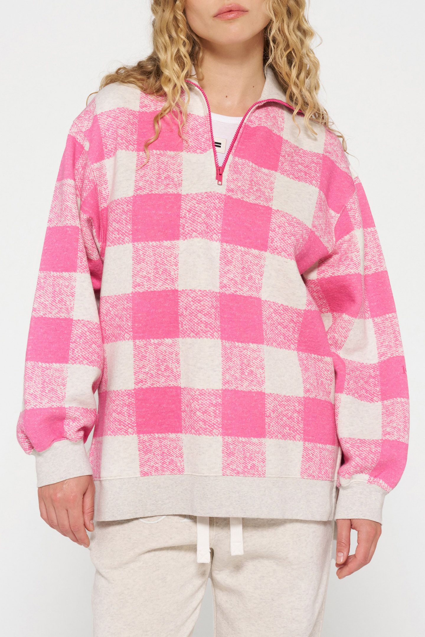 HIGH NECK ZIP SWEATER CHECK BRIGHT PINK 1