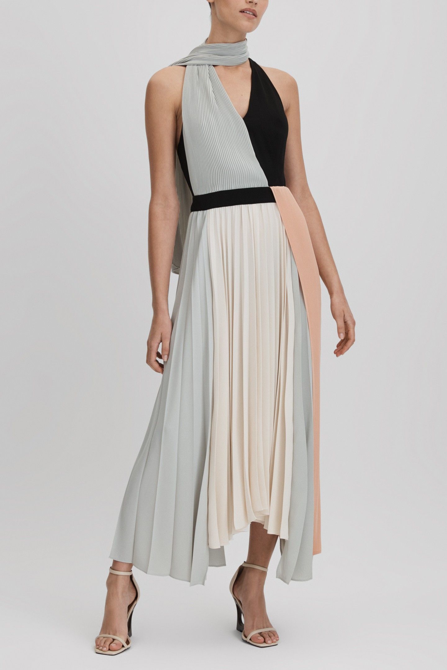 COLOUR BLOCK PLEATED MIDI DRESS PINK/CREAM 1
