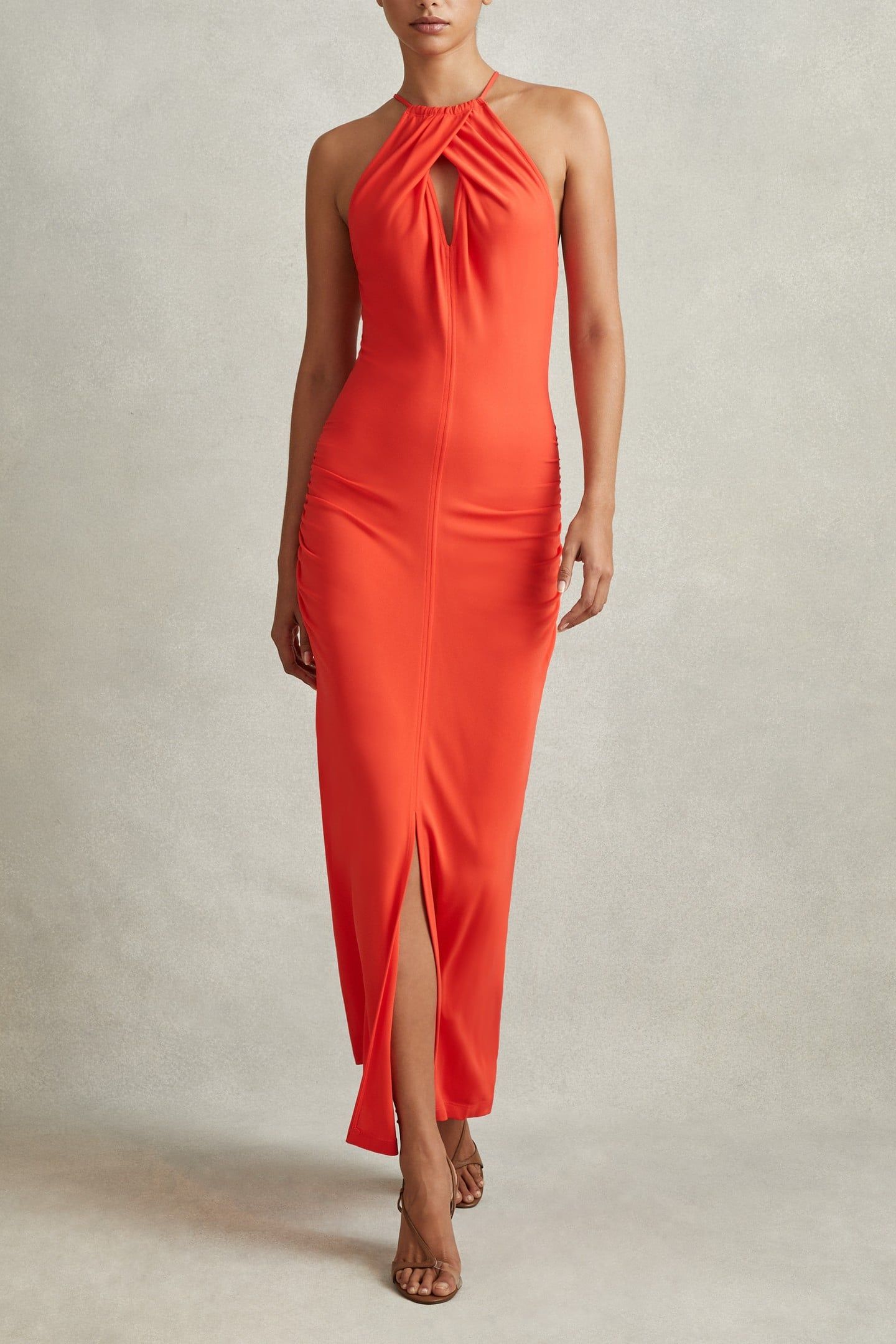 BODYCON HALTER MAXI DRESS ORANGE 1