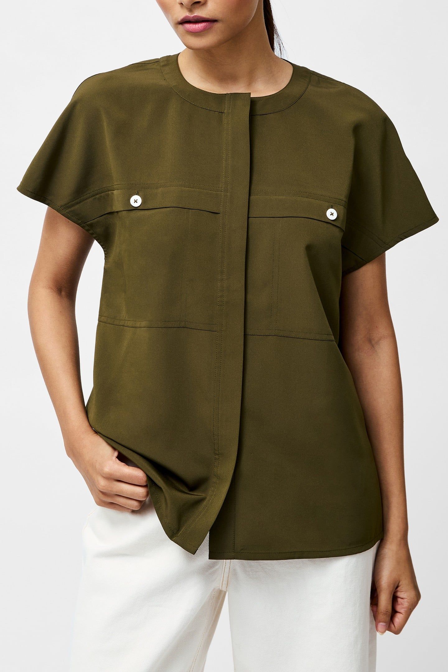 CAPRIANA CREPE CAP SLEEVE TOP KHAKI 1