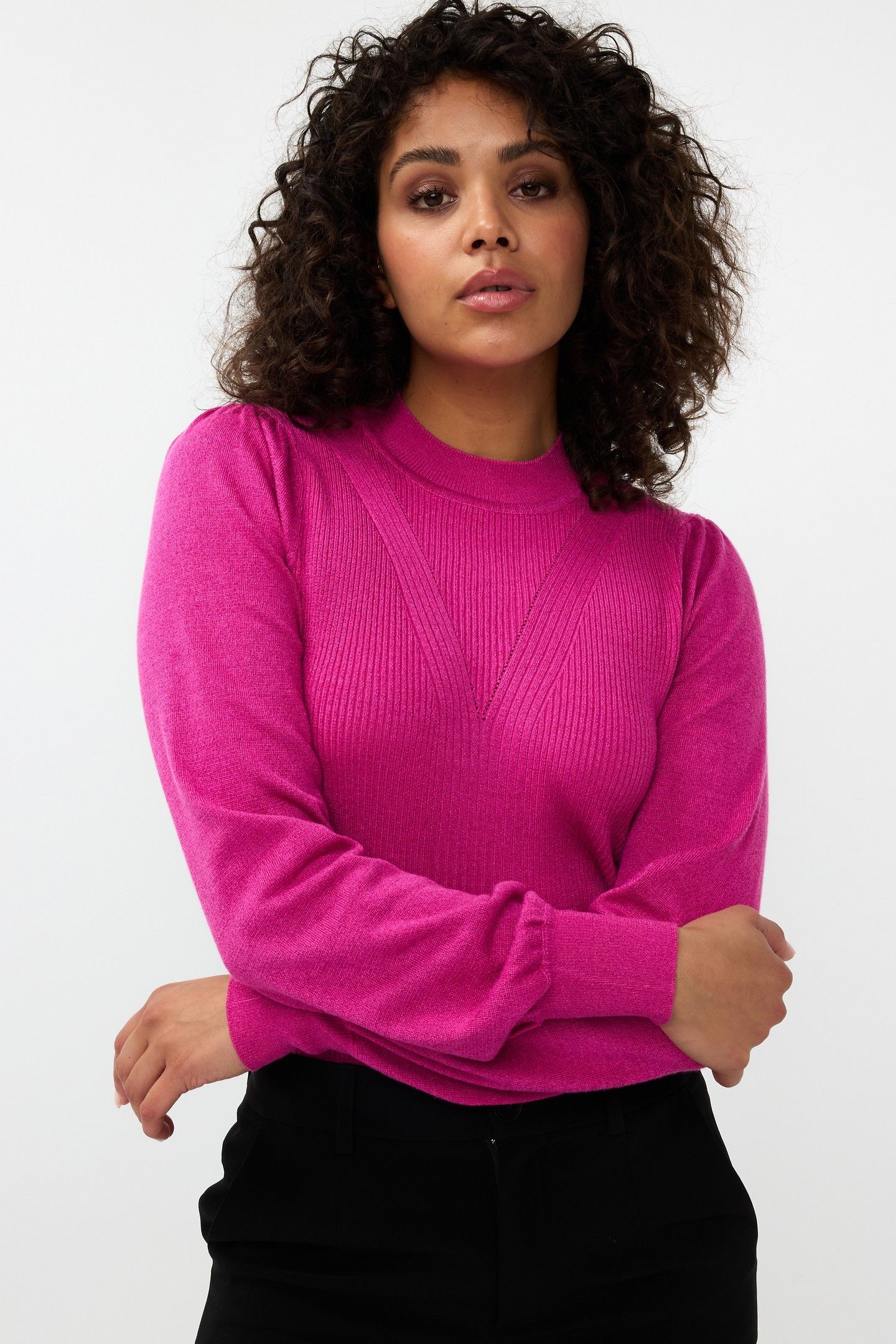 SWEATER MIX RIB V-DETAIL LUREX NEON CERISE 2