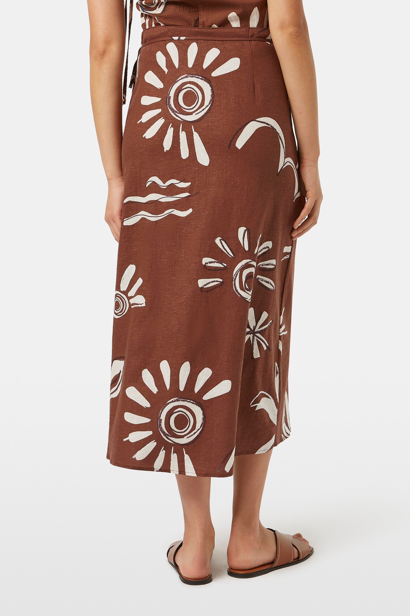 LINEN BLEND PRINTED WRAP SKIRT INKY SUN BROWN 3