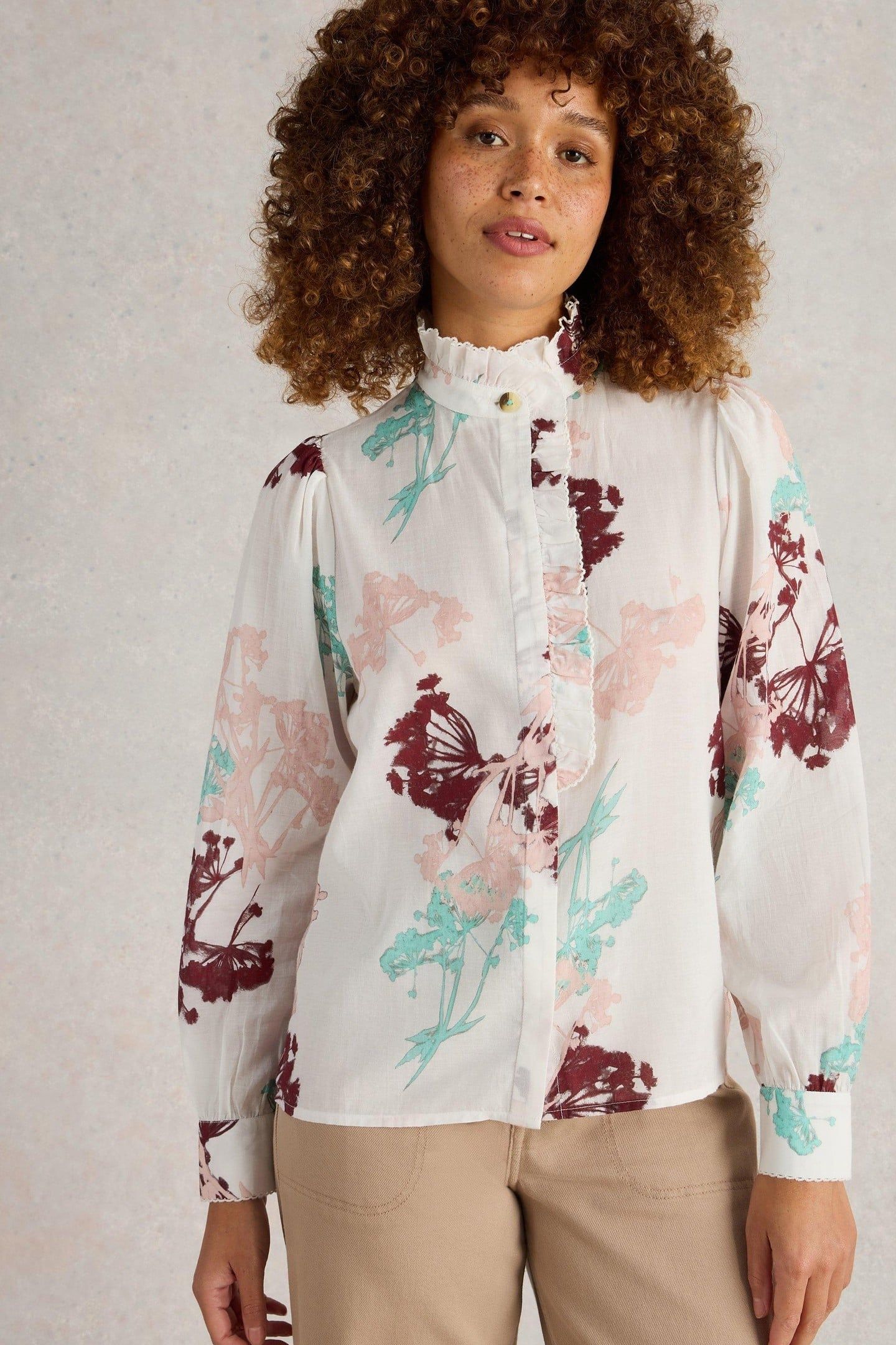 PAULINE FRILL NECK TOP IVORY MULTI 1