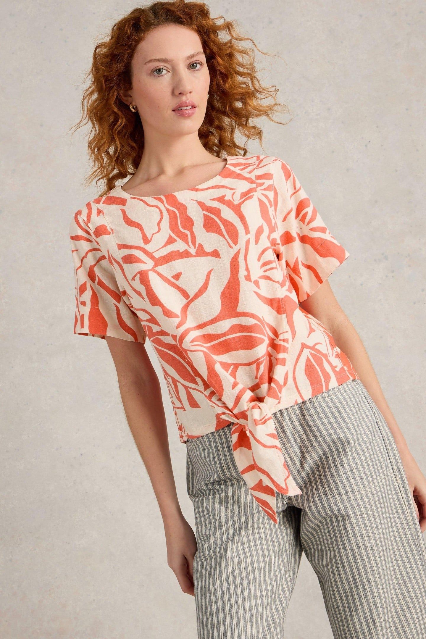 SARA TIE HEM TOP CORAL PRINT 1