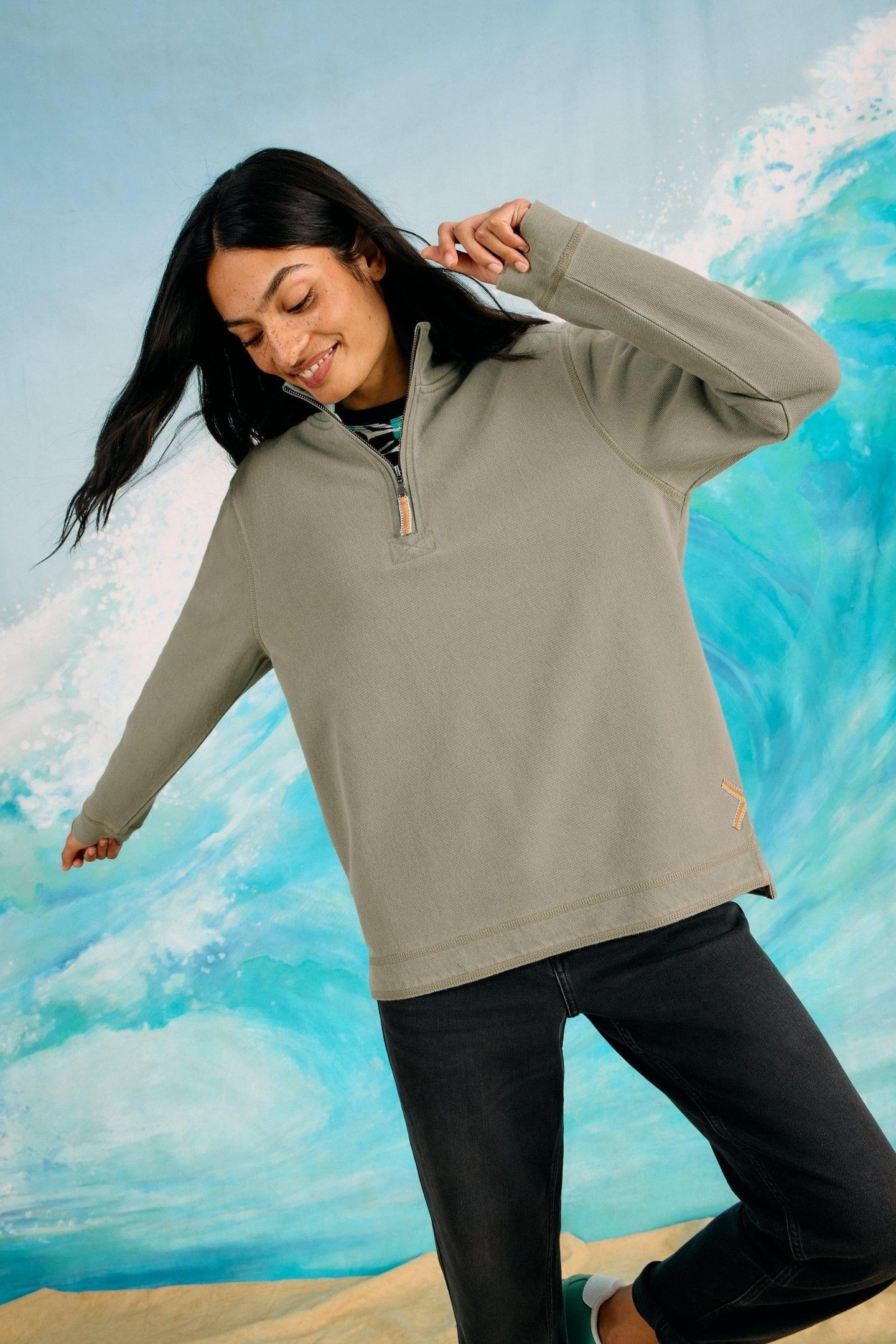 PIQUE PLAIN HALF ZIP SWEAT KHAKI GREEN 6