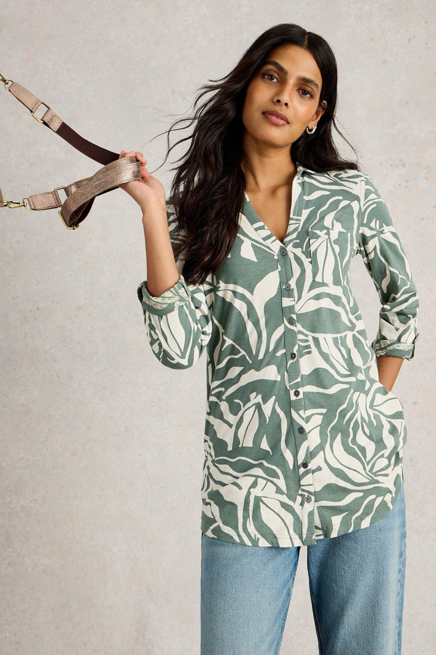 ANNIE LONGLINE SHIRT GREEN PRINT 1