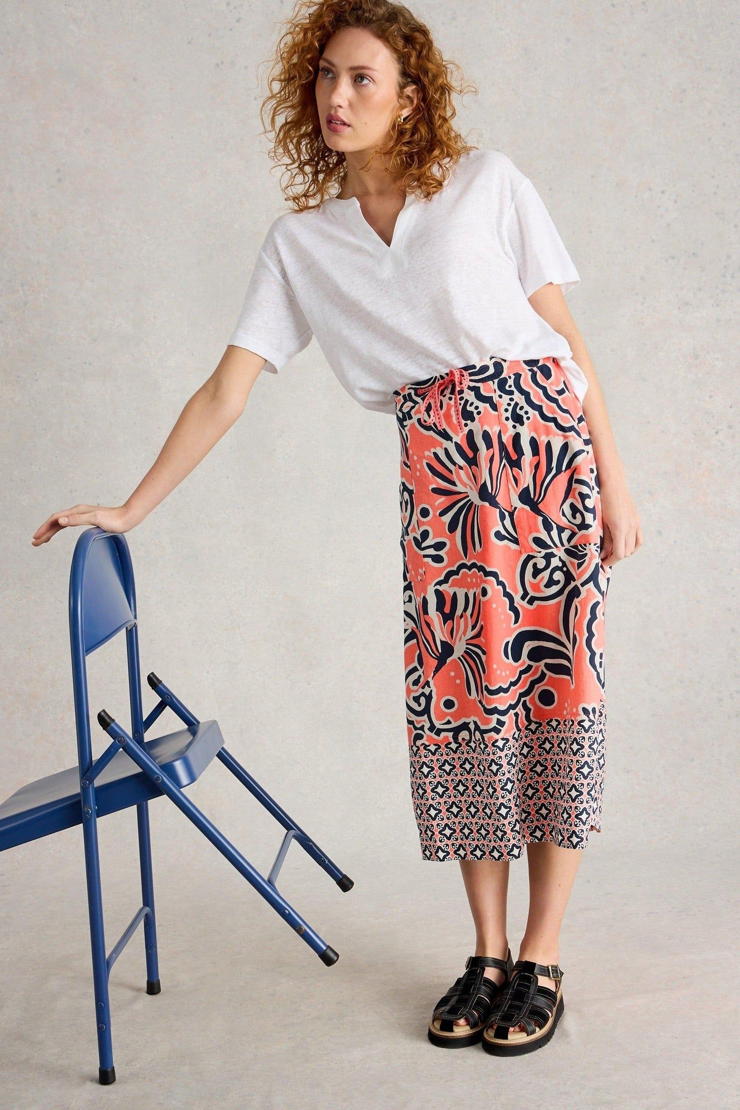ELLE LINEN BLEND SKIRT CORAL PRINT 6