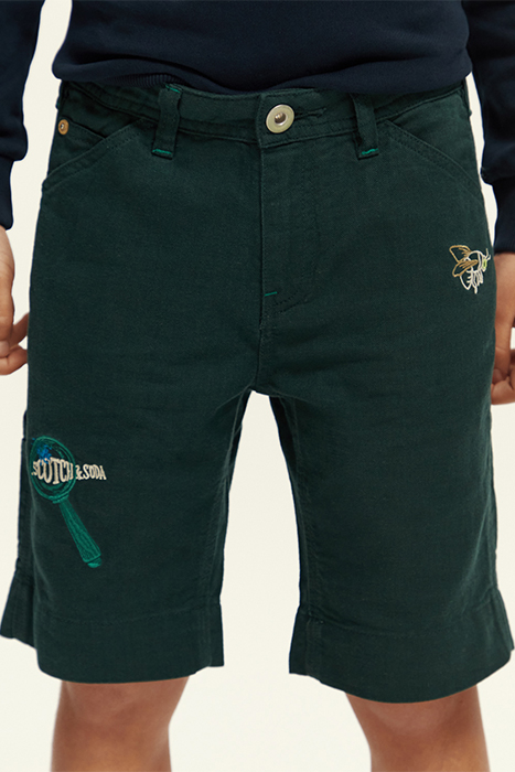 EMBROIDERED ARTWORK COTTON LINEN WORKER SHORTS FOREST 6