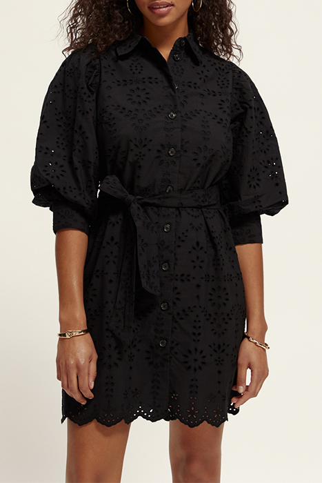 PUFF SLEEVE EMBROIDERED ORGANIC COTTON SHIRT DRESS BLACK 2