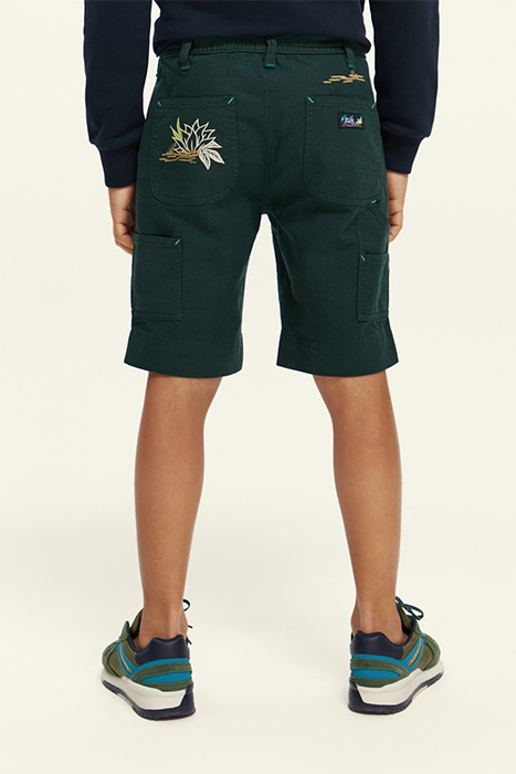 EMBROIDERED ARTWORK COTTON LINEN WORKER SHORTS FOREST 3