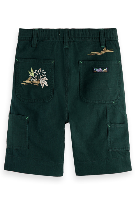 EMBROIDERED ARTWORK COTTON LINEN WORKER SHORTS FOREST 9