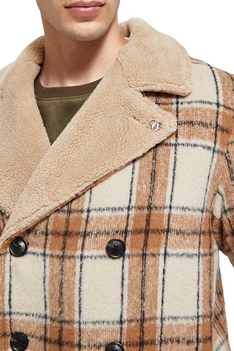WOOL BLEND TEDDY LINED PEACOAT OFFWHITE CAMEL CHECK 9