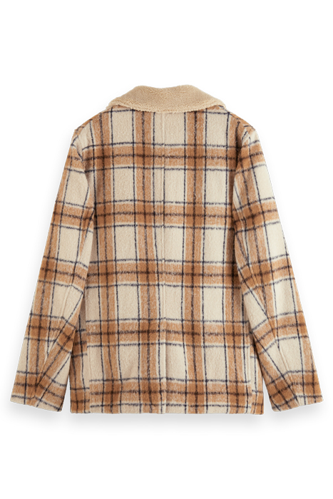 WOOL BLEND TEDDY LINED PEACOAT OFFWHITE CAMEL CHECK 6