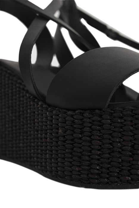 BLACK LEATHER RAFFIA HEEL WEDGE SANDALS 9