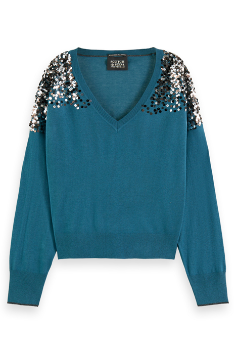 EMBELLISHED SHOULDER V NECK PULLOVER DARK TEAL 4