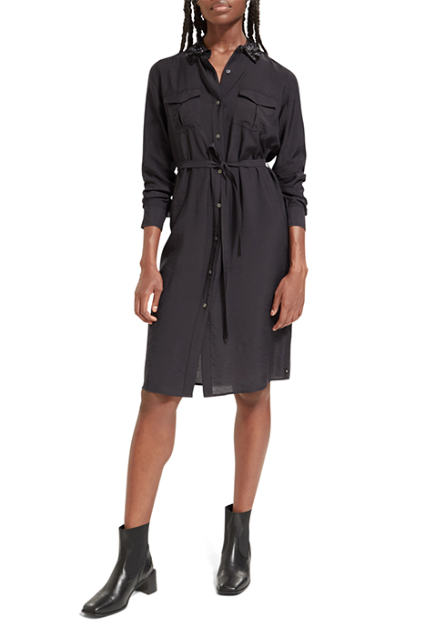 BEADED COLLAR MIDI SHIRT DRESS EVENING BLACK 2