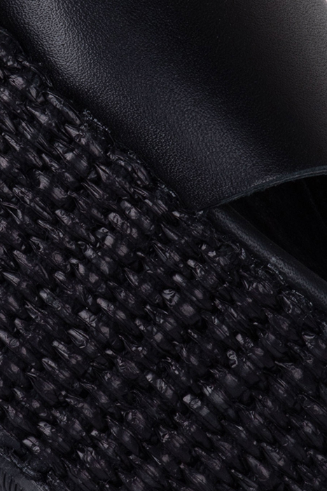 BLACK LEATHER RAFFIA HEEL WEDGE SANDALS 10