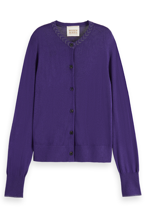 JACQUARD TRIM CREW NECK CARDIGAN AUBERGINE 1