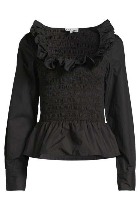 COTTON POPLIN OPEN-NECK SMOCK BLOUSE BLACK 3