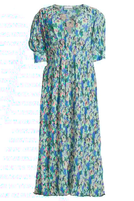 PLEATED GEORGETTE V-NECK SMOCK MIDI DRESS FLORAL AZURE BLUE 3